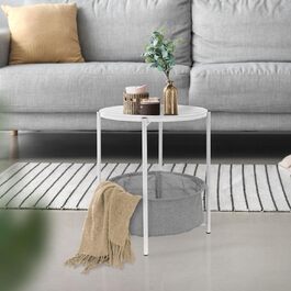 Журнальний стіл ML-Design круглий Ø46 x H51 см, білий, металевий, журнальний столик з тканинним кошиком і знімним підносом, диванний стіл з кошиком для зберігання, сучасний дизайн, маленький столик, стіл для вітальні Приліжкова тумбочка