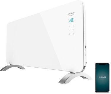 Конвектор Cecotec Ready Warm 6750 Crystal Connection з скляною панеллю, 2000 Вт, WiFi, термостат, таймер, підставка, для ванної кімнати (IP24), тихий, білий