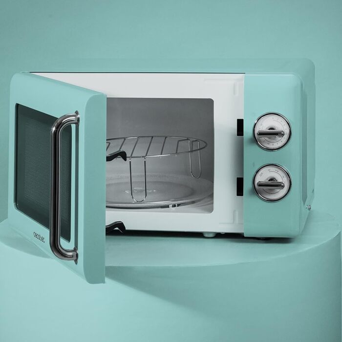 Мікрохвильова піч Cecotec Proclean 3010 Retro Blue 20 л, 700 Вт, механічна, 6 режимів, таймер 30 хв, режим розморожування, вінтажний дизайн, синя, нержавіюча сталь, підсвітка, серія Allein 30
