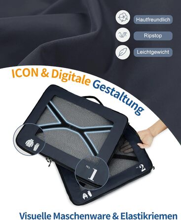 Набір органайзерів для валізи ECOHUB, 7 предметів, дорожні пакувальні куби з рецикльованого PET, темно-синій