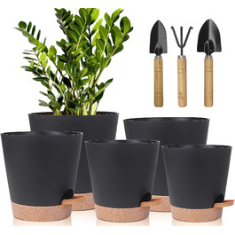 5 горщиків з пластику з системою поливу, 17.8/16.5/15.2/13.9/12.7 см. Самополивні кашпо з підставкою, круглі горщики для квітів, сукулентів, кактусів, кімнатних рослин, балкона та саду, зелені (чорний, коричневий)