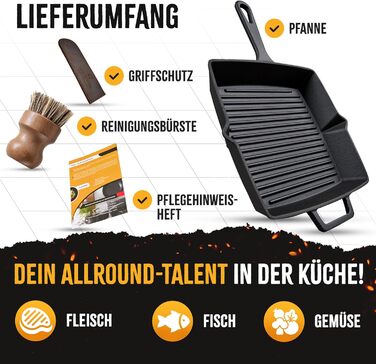 Сковорода-гриль з чавуну, 26 см, емальована, для приготування стейків, сумісна з усіма типами плит