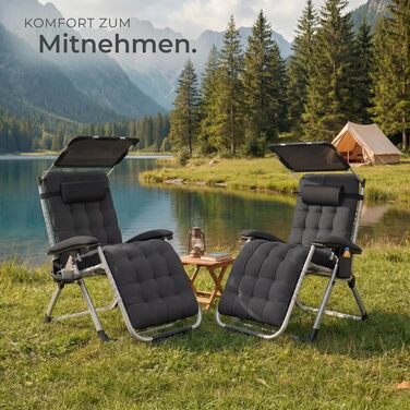 Тектейк® Розкладна сонцеліжка, садовий лежак з сонцезахисним дахом, крісло для відпочинку на балконі або в саду, лежак з додатковою товстою подушкою, розслаблююча сонцеліжка, витримує до 200 кг - (2 шт. з сонцезахисним дахом, чорний)