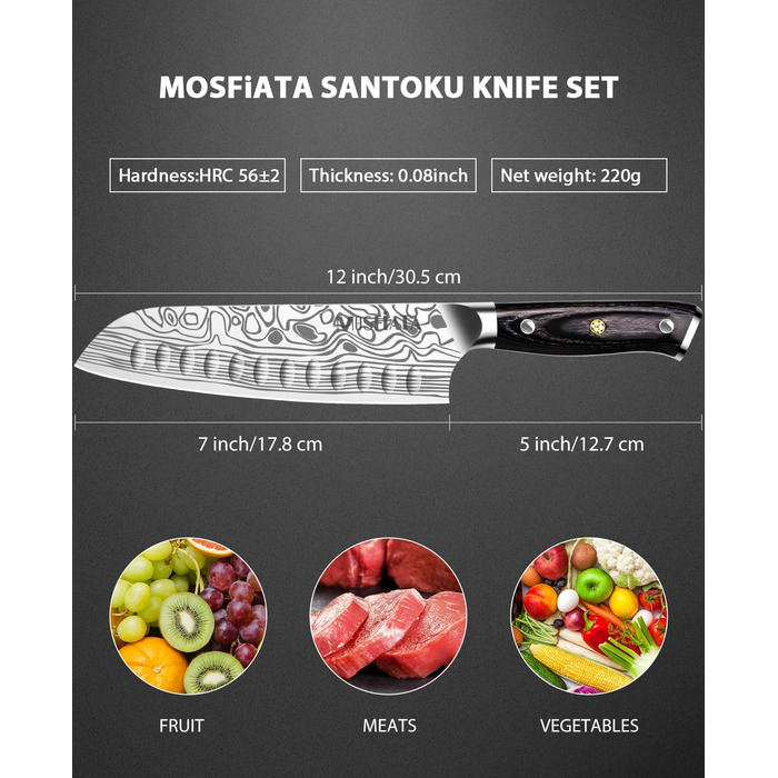 Ніж кухарський MOSFiATA Santoku, професійний ніж для кухні, універсальний ніж з нержавіючої сталі, дуже гостре лезо, з подарунковою коробкою 7