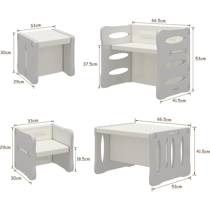 Набір столів та стільців BanaSuper для дітей, Дитячий письмовий стіл з 2 табуретами, Багатофункціональний набір (White Grey)