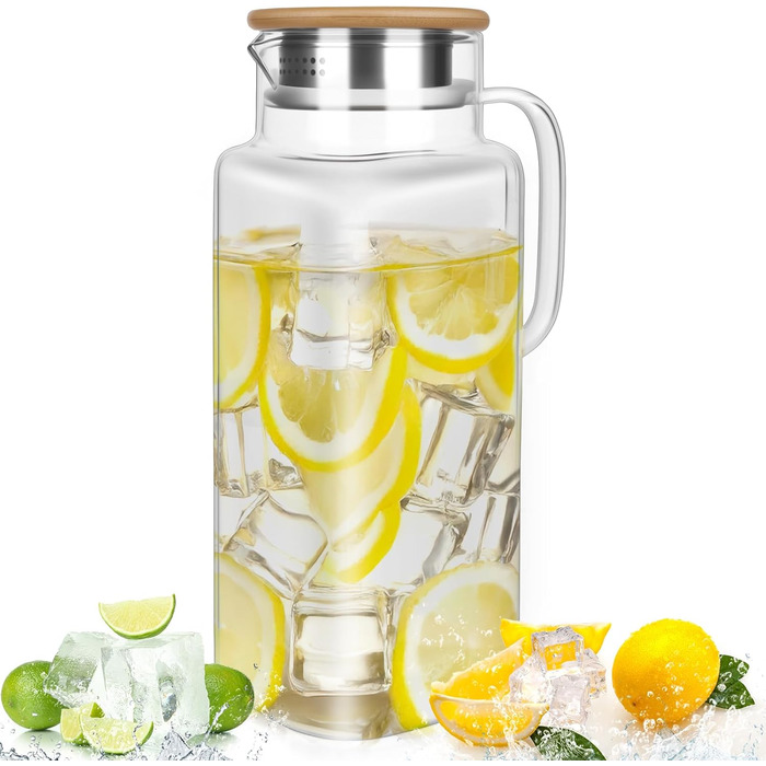 Скляна карафа Glaskaraffe 1,8 л з дерев'яним кришкою, 1800 мл. Ідеально для води, чаю, соків та молока. Зручний V-подібний носик для наливання.