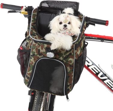 Велосипедна корзина для собак спереду, рюкзак для собак, рюкзак для кішок вагою до 5 кг для подорожей, походів, кемпінгу, велосипедна корзина для собак, для маленьких, середніх цуценят і кішок зелений камуфляж
