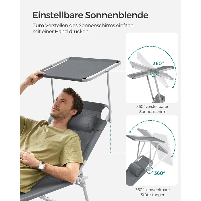 Лежак для відпочинку SONGMICS, розкладний, 193 x 53 x 29 см, до 150 кг, з подушкою, регульована спинка, для саду, басейну, тераси, темно-сірий