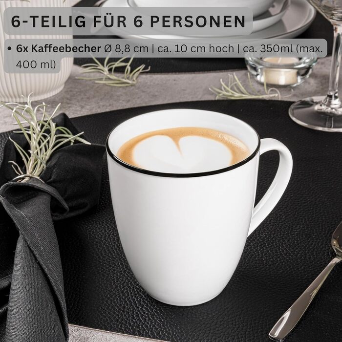 Набір кавових чашок SÄNGER 12 шт. з блюдцем, 6 персон, порцеляна, білий з чорними акцентами, 200 мл, PREMIUM COLLECTION (Marlo Black Rim)