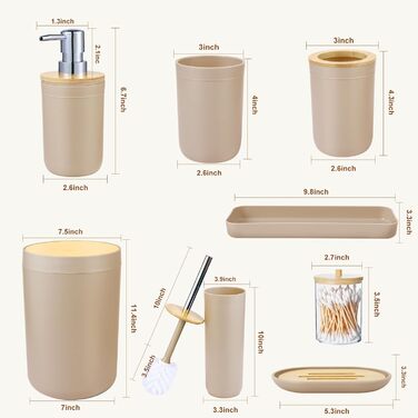 Набір аксесуарів для ванної кімнати iMucci (9 шт.) з бамбуковим покриттям, пастельно-зелений, бежевий: смітник, щітка для унітазу, тримач для зубних щіток, диспенсер для лосьйону/мила, мильниця, стакан для зубних щіток, тримач для ватних паличок