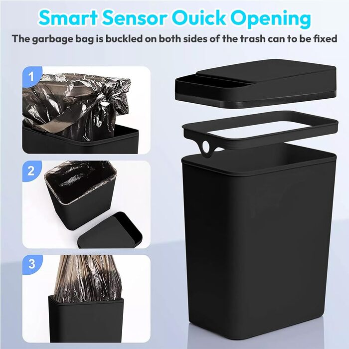 Чорний автоматичний смітник 8L з датчиком - для ванної кімнати, кухні, безшумний, сенсорний, вологостійкий