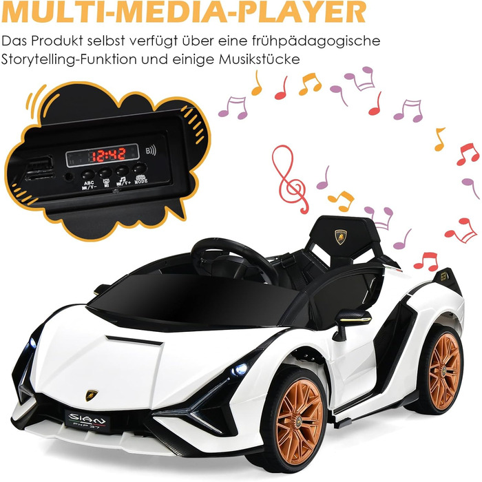 Дитячий електромобіль Lamborghini Goplus з пультом керування, Bluetooth, USB, музикою та сигналом, 3-5 км/год, для дітей 3-8 років, білий