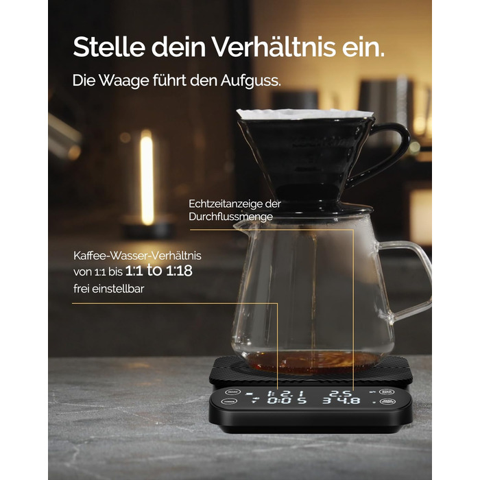 Ваги для кави Maestri House S3 з таймером, 3 кг/0,1 г, перезаряджувані, цифрові, для еспресо, з 3 режимами заварювання, регульованими співвідношеннями та індикатором потоку, для Pour Over, French Press – чорні