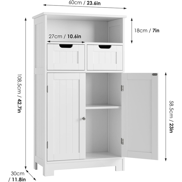 Шафа для ванної кімнати HOCSOK, 2 ящики та 2 дверцята, регульовані полиці, для ванної кімнати, вітальні, спальні, білий