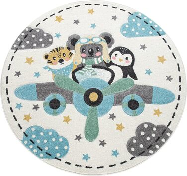 Круглий килим TT для дому, Дитяча кімната, дитячий килим, літаючі тварини, тигр, коала, ведмідь, пінгвін, колір розмір (120 см круглий, бежевий)