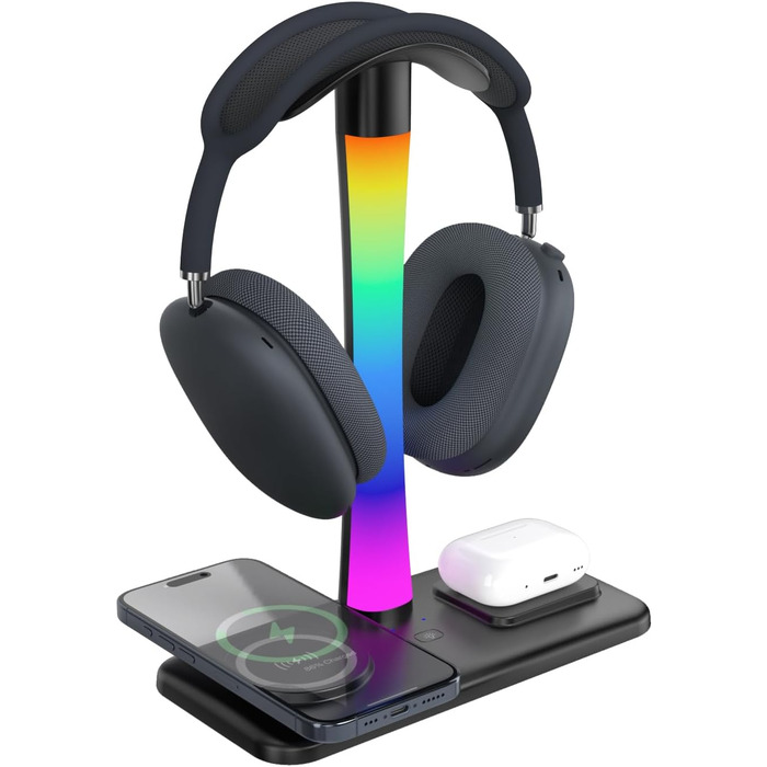 Підставка для навушників з бездротовим зарядним пристроєм, RGB-підсвічуванням, сумісна з Airpod Max, Airpod Pro/3/2, iPhone 16/15/14/13/12/11, Samsung, ідеальний подарунок для геймерів, чорний колір