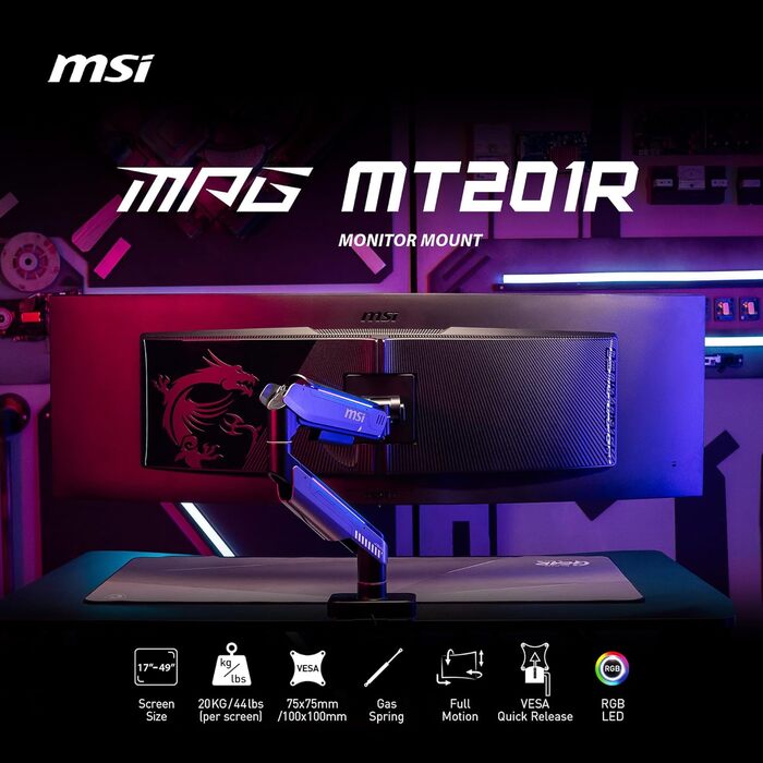 Підставка для монітора MSI MPG MT201R Premium RGB, сумісна з VESA, 17-49 дюймів, до 20 кг, регульована газо-пружинна кріплення, сіра