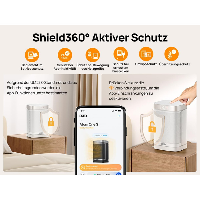 Електричний обігрівач Dreo Atom One S: тихий, енергоефективний, з Wi-Fi, пультом керування та 12-годинним таймером, 1500W, 3 режими, 3 швидкості, PTC кераміка, білий