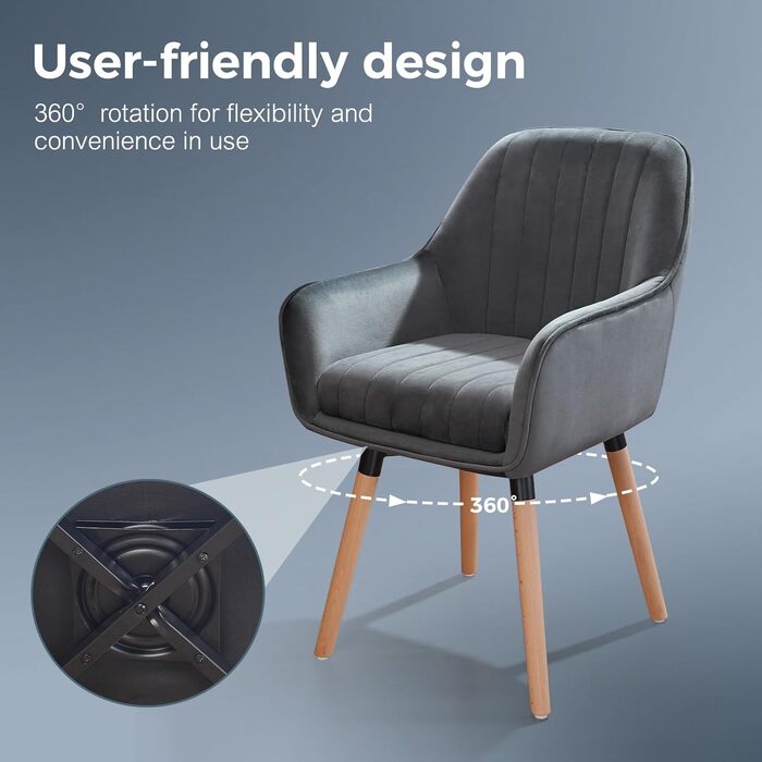 Крісла для їдальні ELUCHANG (2 шт), 360° обертання, товста подушка 10 см, високі підлокітники, сірий велюр, до 150 кг, для спальні, кухні, вітальні