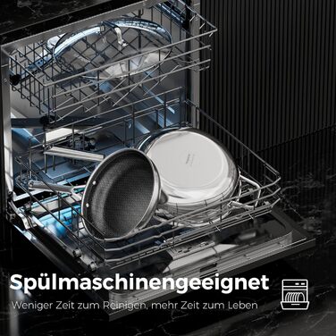Набір сковорідок DiamondTitan з нержавіючої сталі, 3 шт. (20+24+28 см), антипригарне покриття з кераміки, для всіх типів плит, лазерне різьблення у вигляді стільникової структури, не нагрівається ручка, придатні для миття в посудомийній машині