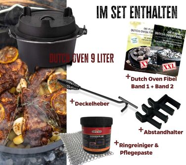 Dutch Oven Grillfürst DO 9 (9 літрів) - комплект з кришкою, підставкою, очисником та пастою для догляду + 2 фішки Dutch Oven XXL