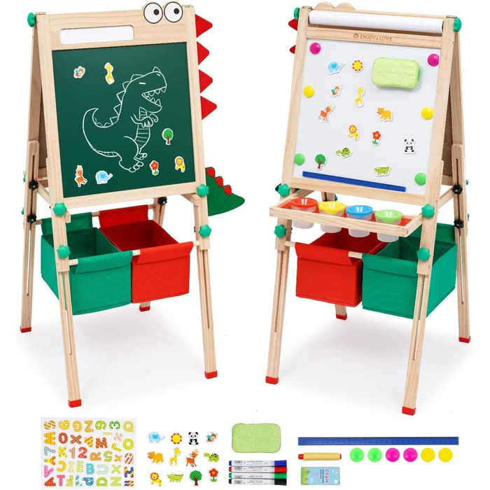 Дитяча мольберт Kinder з паперовою рулонком, двостороннє Whiteboard та крейдяна дошка, мольберт для малювання з цифрами та аксесуарами, регульована висота, з підставкою для олівців, білий (червоний)