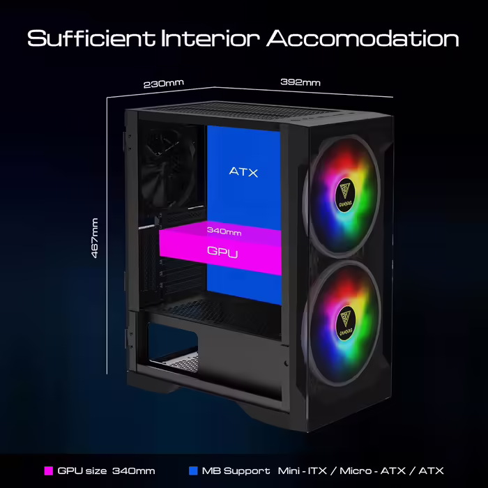Ігровий корпус GAMDIAS Apollo E2 Elite, Mid-Tower ATX, загартоване скло, 3x 200 мм ARGB вентилятори, безінструментальна установка, підтримка плат до ATX