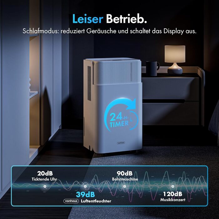 Електричний осушувач повітря VonHaus 12L/24г, для підвалу та приміщень до 125м³, тихий 39dB, з таймером та шлангом для зливу, проти вологи та плісняви