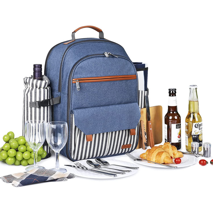 Набір для пікніка Sunflora з ізольованим контейнером та пледом, пікнік-кошик для кемпінгу та відпочинку на природі (синій у смужку), на 2 особи