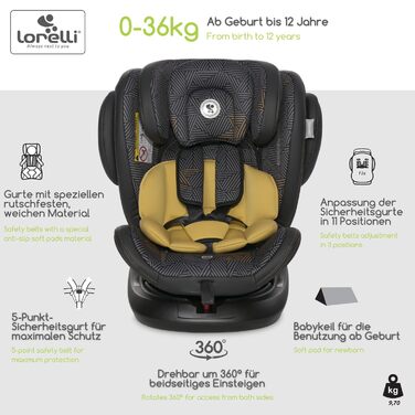 Автокрісло Lorelli Aviator, зростаюче автокрісло з Isofix - група 0/1/2/3 (0-36 кг), дитяче крісло, обертання на 360 градусів, 5-точковий ремінь безпеки, регульований підголівник, зелений (жовтий)