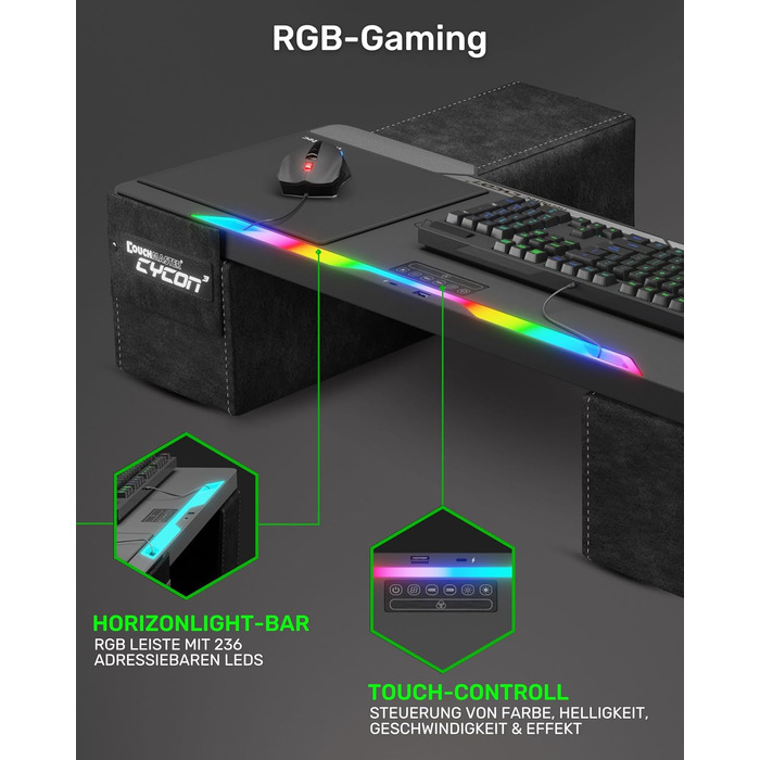 Couchmaster CYCON³ Black HORIZONLIGHT – стіл для ноутбука для геймінгу, чорний, з USB-хабом