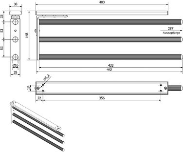 Тримач для рушників SOTECH TED, алюміній, розсувний, поворотний, чорний мат, 3-armig, 450-730 мм