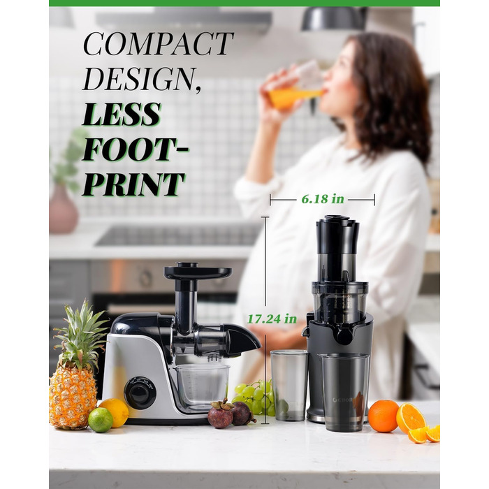 Електричний соковитискач GDOR з великою завантажувальною воронкою 90 мм, висока врожайність, тихий, BPA-free, легко миється, 200W, сірий