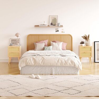 Приліжкова тумбочка з ротангу, дерев'яна з 2 висувними ящиками, декорована ручною роботою з ротангу, бохо-стиль, тумбочка для вітальні/спальні з місцем для зберігання, DECTG59Y