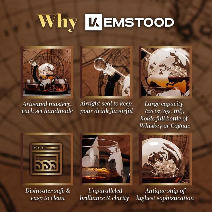 Набір для віскі Globus: декантир, 4 склянки, дерев'яний підставка, карта світу. Ідеальний подарунок для чоловіків та жінок. Підходить для віскі, джину, рому, скотчу, лікеру, бурбону, горілки.