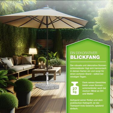 Підставка для парасольки Tillvex® Granit з роликами та ручкою для транспортування, 27 кг, кутова | Підставка для парасольки з нержавіючою сталею | Підставка для парасольки на балкон, сумісна з держателями 16-48 мм та парасольками діаметром 250 см, кутова,