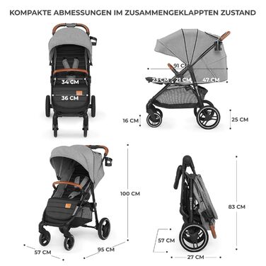 Дитяча коляска Kinderkraft GRANDE PLUS сірого кольору, від народження до 22 кг, складна однією рукою, з регульованою спинкою та великим козирком