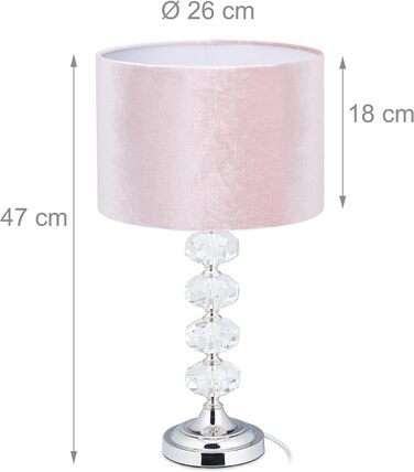 Настільна лампа Relaxdays, оксамит і кришталь, ВxГ 47 x 26 см, цоколь E14, приліжкова лампа, непряме освітлення, рожевий