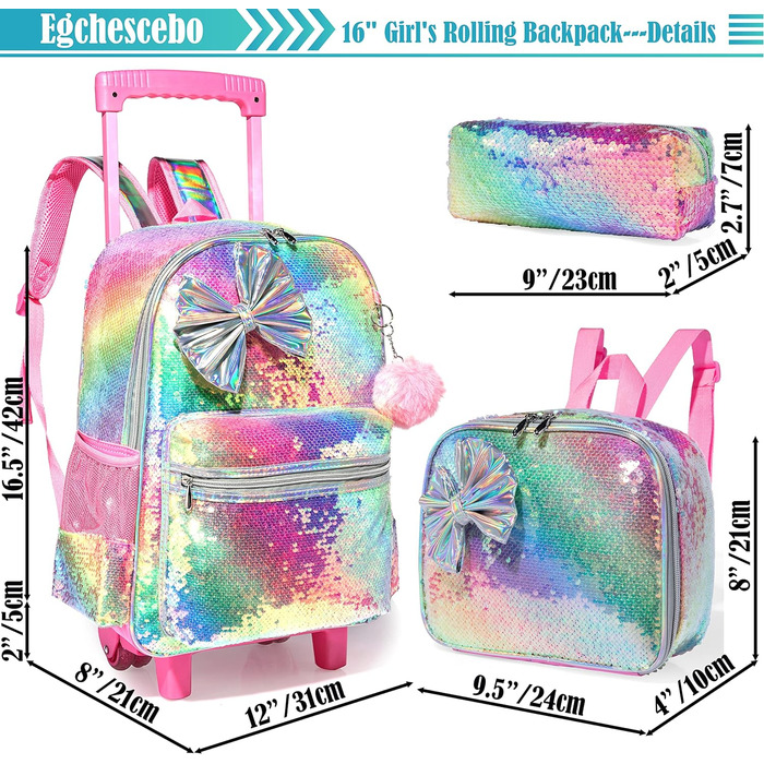 Дитячий рюкзак Egchescebo Satchel для дівчаток Колеса 17 3PCS Туристичні рюкзаки Рожевий bd