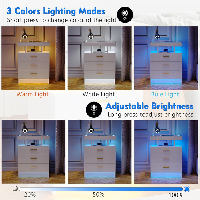 Приліжкова тумбочка Lvifur LED з функцією зарядки, з можливістю затемнення, глянець, 3 ящики, USB-C, сенсор, білий (2)