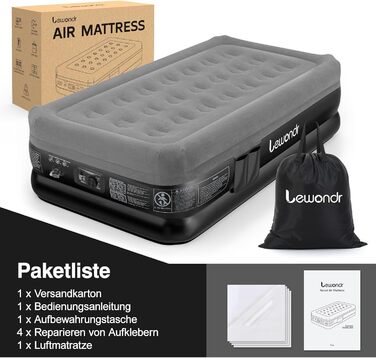 Надувне ліжко Lewondr на 2 особи з вбудованим насосом, 191x99x46 см, сірий, для кемпінгу, дому, гостей, подорожей (250 кг)
