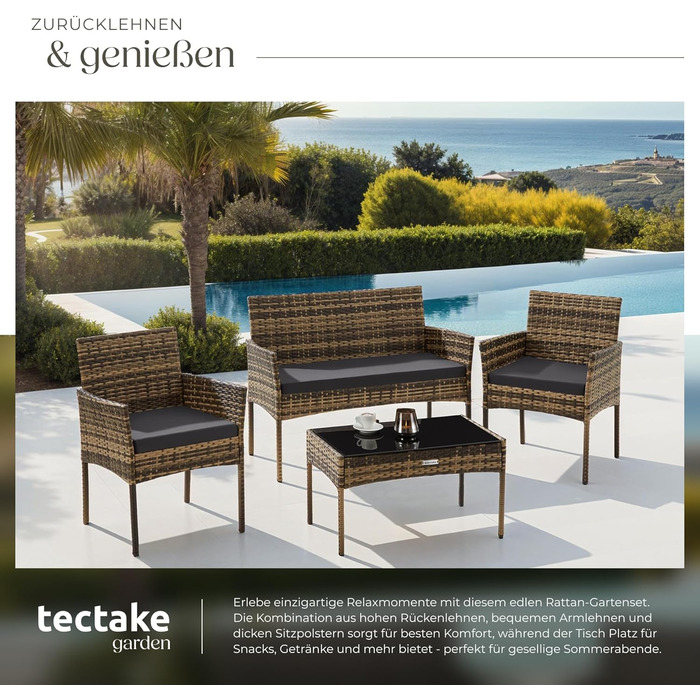 Набір садово-розкладних меблів tectake® з ротангу: банкетка, 2 крісла, столик, подушки, для балкона/тераси