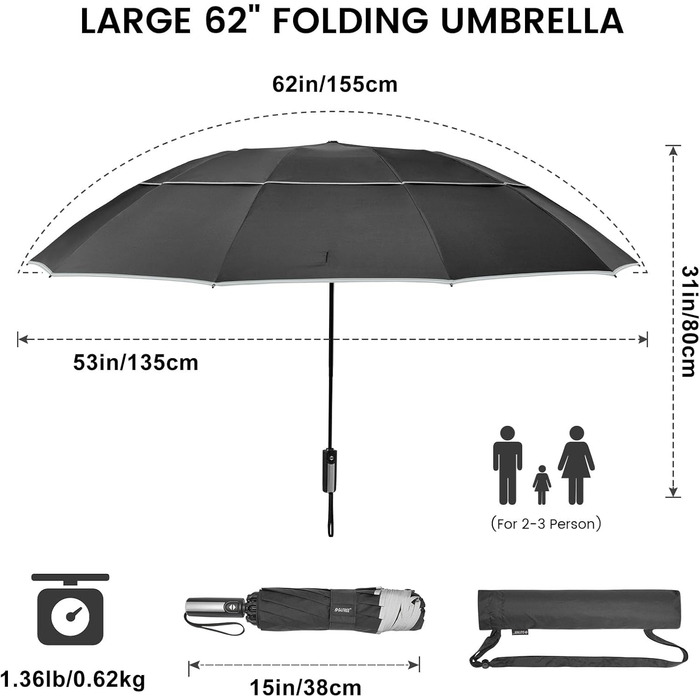 Дюймова велика складна парасолька та парасолька для гольфу, подвійний навіс, вітрозахисний, автоматичний, чорний, 4Free 62-