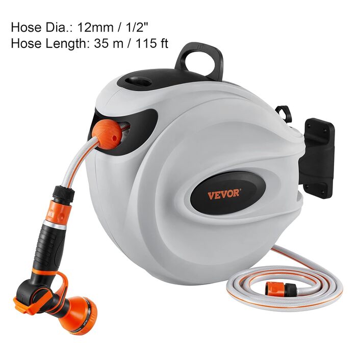 Шланг для поливу VEVOR 35 м з підключенням 12 мм з кріпленням на стіну, ручкою та автоматичним змотуванням. Комплектується розпилювачем з 9-ма режимами. Ідеально для поливу та миття автомобіля.