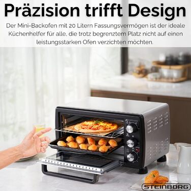 Міні-піч Steinborg® з конвекцією 20 літрів: піч для піци, крихти, конвекція, верхнє та нижнє нагрівання, 1400 Вт, таймер, для кемпінгу або дому
