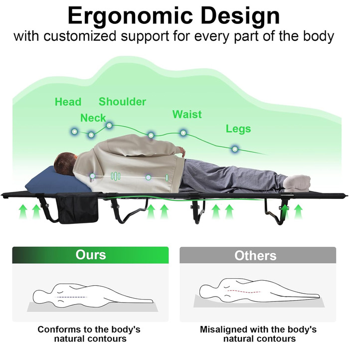 Польове ліжко для кемпінгу Ultraleicht, складане розкладне ліжко для відпочинку на природі та дому, максимальне навантаження 160 кг, чорне