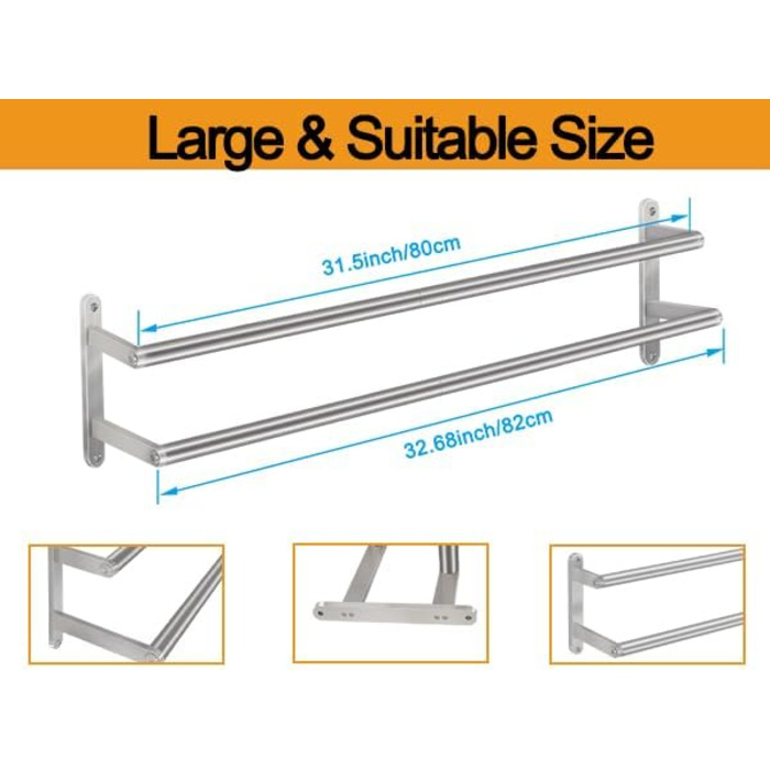 Тримач для рушників на стіну, 60 см, нержавіюча сталь, для ванної, спальні, кухні, щітковий нікель