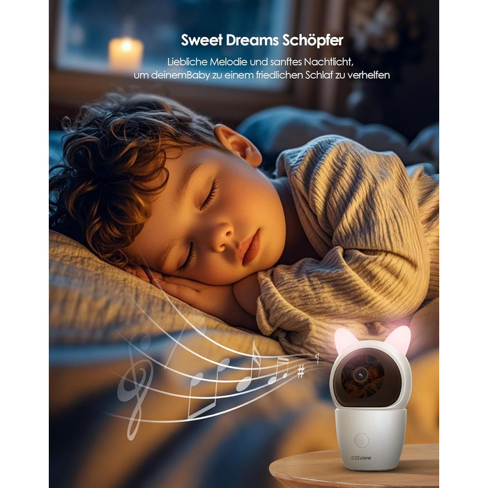 Відеоняня з камерою 2K HD Wi-Fi Babyphone з додатком, 360° огляд, 4x Zoom, нічний режим, датчик руху/плачу/звуку, термометр, чорний - 1 камера