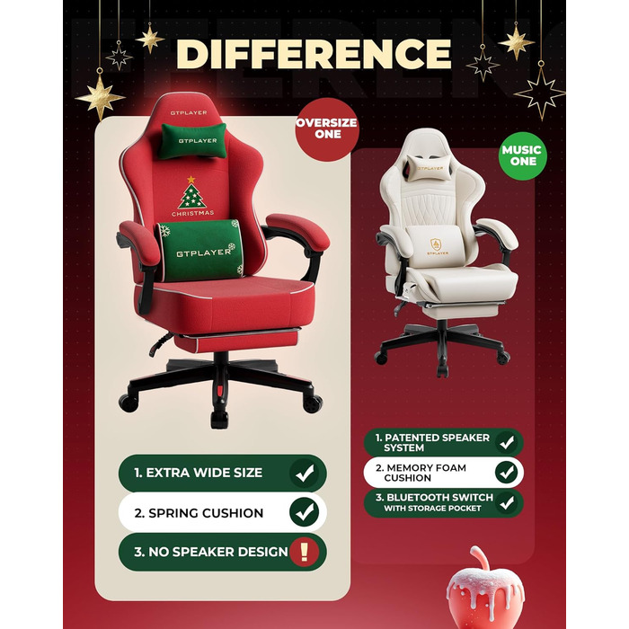 Ігровий крісло GTPLAYER з різдвяним мотивом, з підніжкою, широке сидіння, з подушкою для спини та синхронізованими підлокітниками для великих людей, велюр, червоний, на Різдво