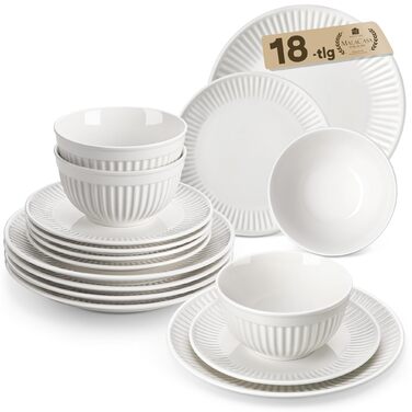 Набір посуду MALACASA LEILA, 18 предметів, порцеляна, скандинавський стиль, білий. Серія LEILA - 6 осіб, 18-ти частинний сервіз